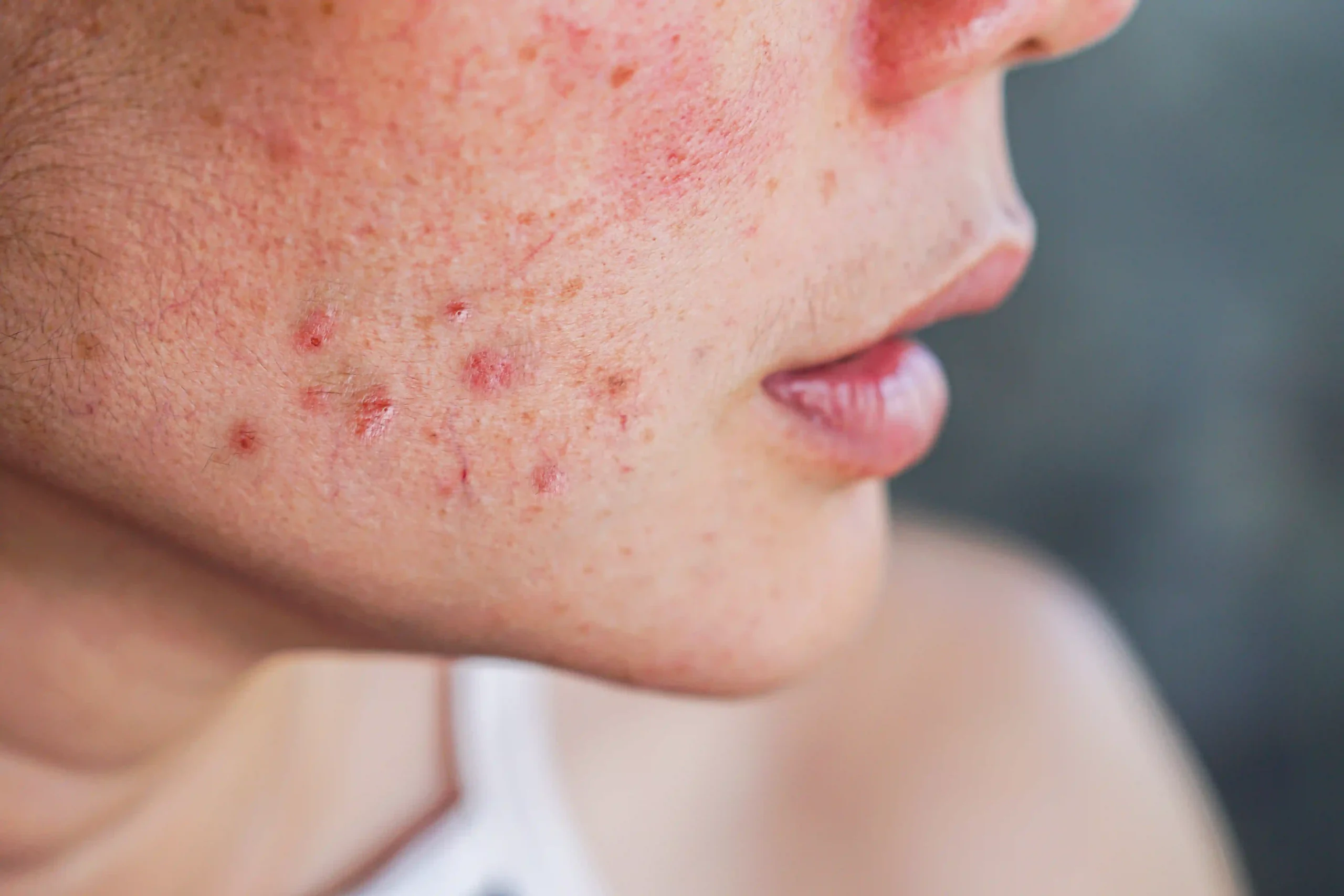 Closeup of acne on woman’s face